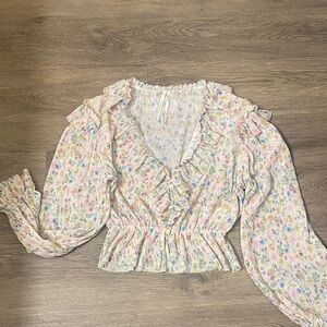 ANTHROPOLOGIE Floral Ruffle Blouse - Cream